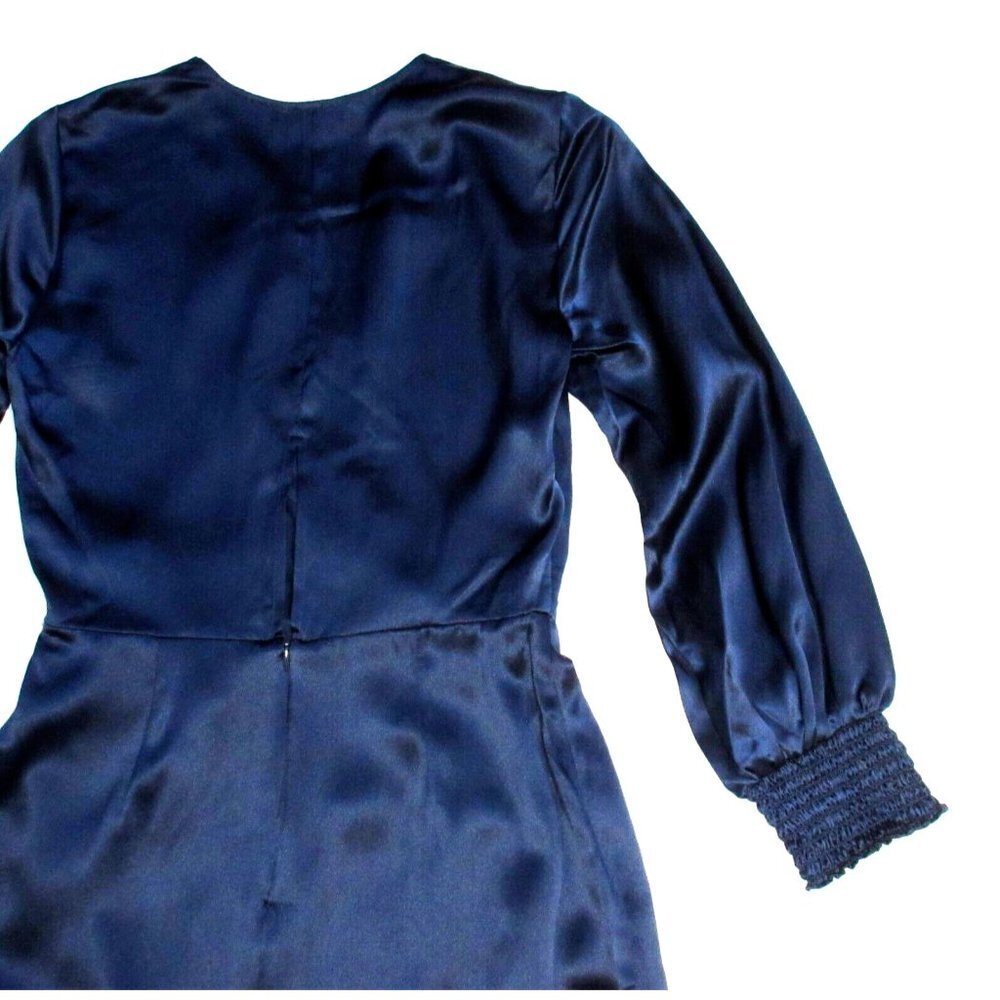 NWT Reformation Chantelle in Navy Blue Ruched Silk Satin Faux Wrap Midi Dress 2 - Picture 8 of 8